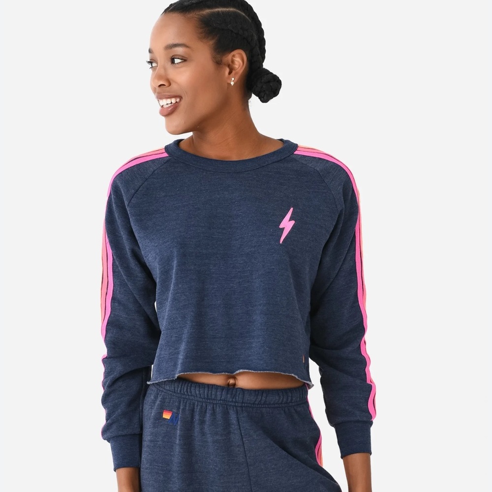 Aviator Nation Heather Navy/Neon bolt cropped sweatshirt XS